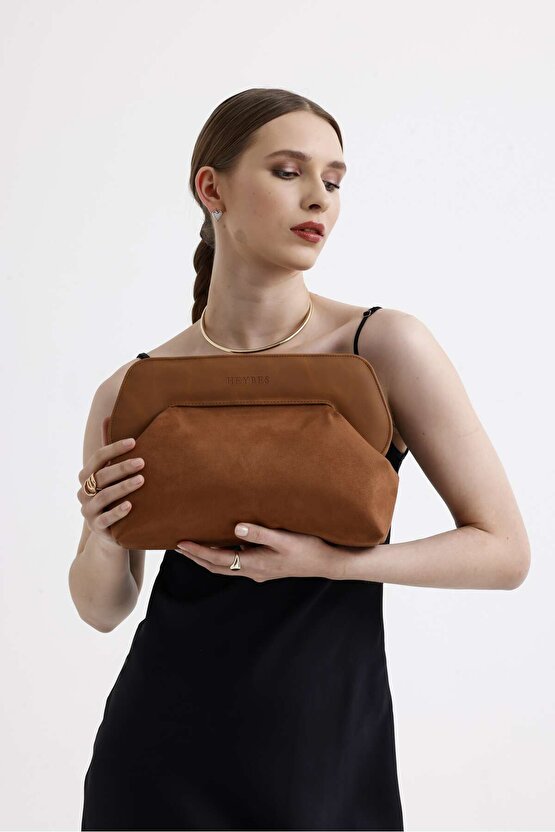 Heybes Kadın Taba Deri Detaylı Süet Clutch El Çantası