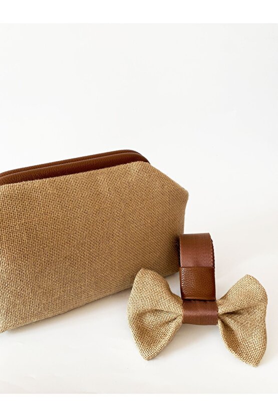 Kadın Kahverengi Biyeli Fiyonk Detaylı Çıkarılabilir Saplı Jüt Hasır Omuz ve El Çantası