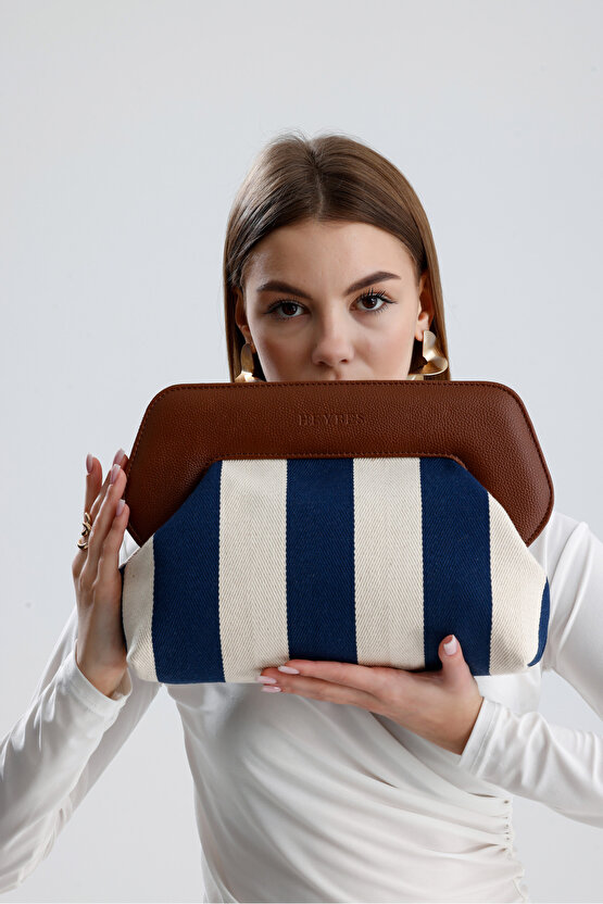 Heybes Kadın Lacivert Çizgi Desenli Kanvas Clutch El Çantası
