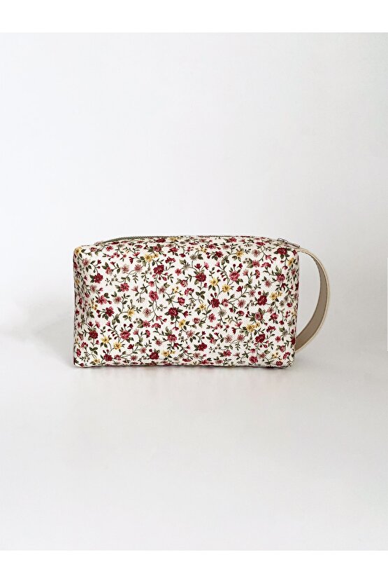 Kadın Çiçek Desenli Püsküllü Yandan Kulplu Makyaj Ve El Çantası