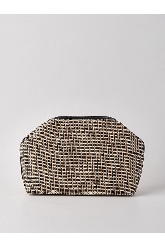 Heybes Kadın Siyah Biyeli Çizgili Jüt Hasır Clutch El Çantası