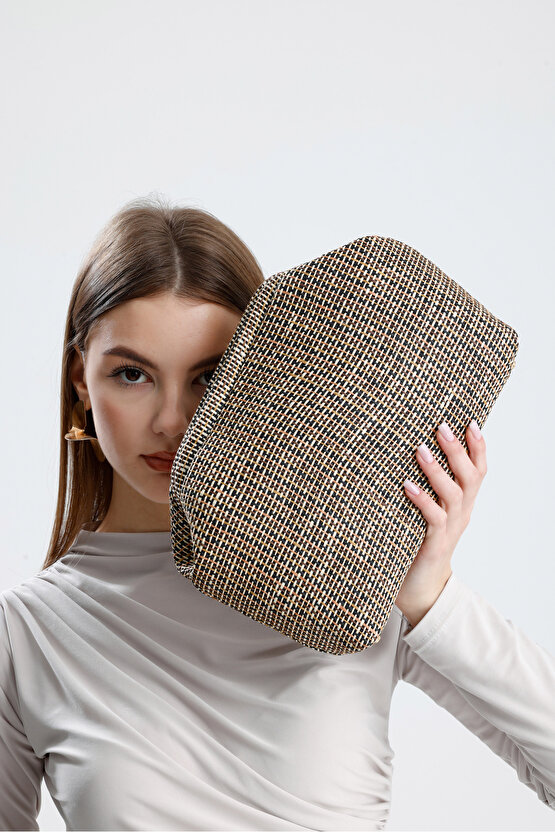 Heybes Kadın Çizgili Jüt Hasır Clutch El Çantası