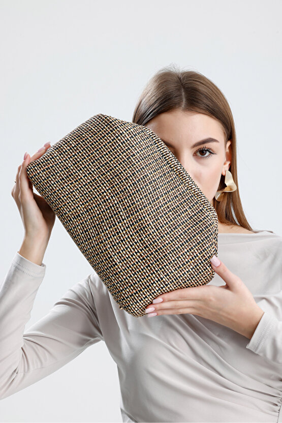 Heybes Kadın Çizgili Jüt Hasır Clutch El Çantası