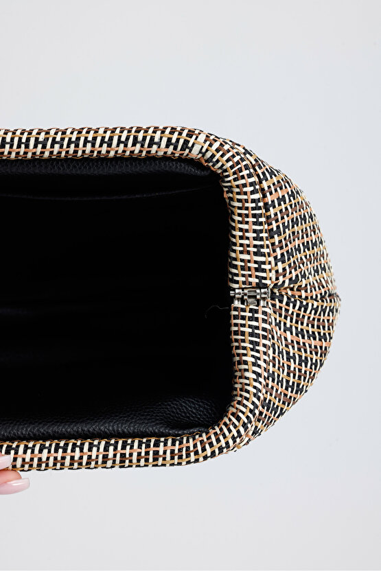 Heybes Kadın Çizgili Jüt Hasır Clutch El Çantası