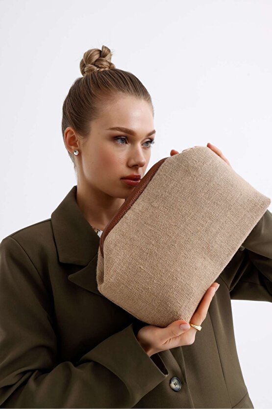 Heybes Kadın Kahve Biyeli Jüt Hasır Clutch El Çantası