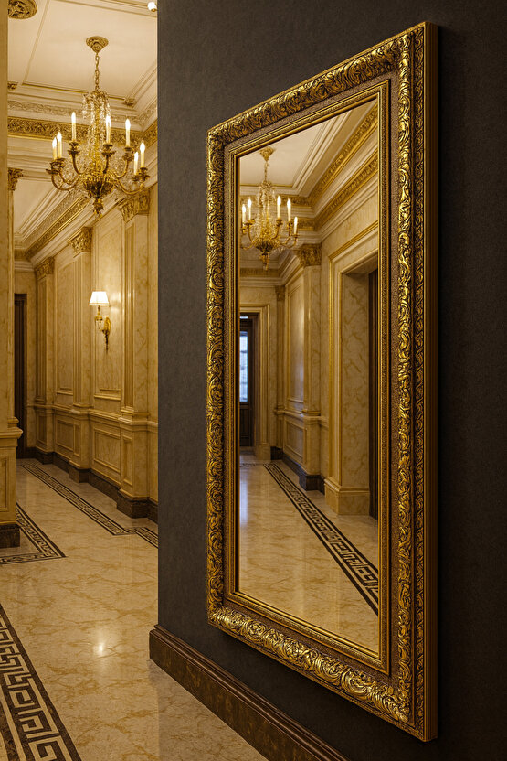 Altın Varaklı Çerçeveli Ayna - Gold Ayna - Klasik Ayna - Varaklı Ayna - Salon Ayna