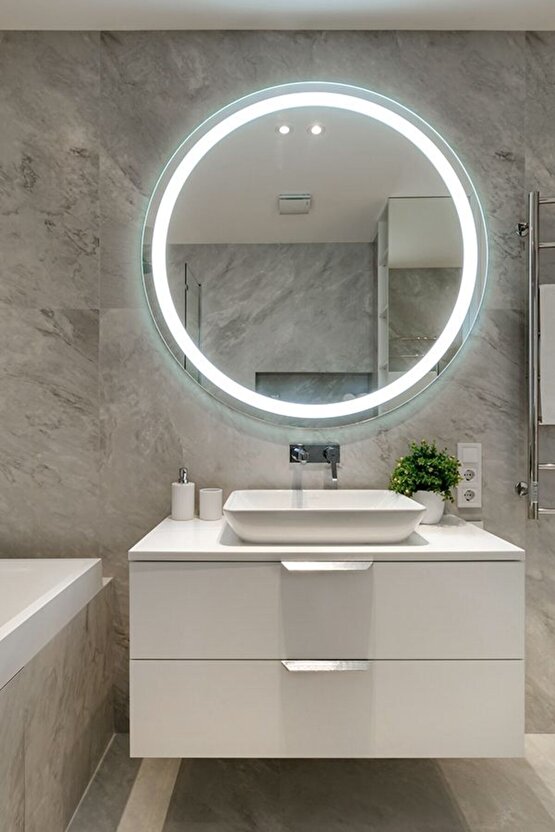 90 cm Kumlamalı Beyaz Ledli Yuvarlak Banyo Aynası Makyaj Aynası Trafolu
