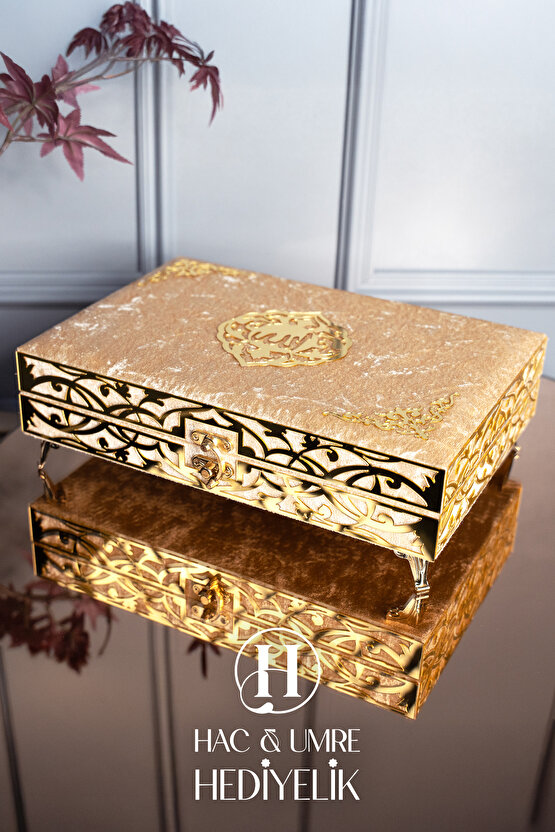 Süslemeli Hediyelik Kadife Kaplı Kutulu Kuranı Kerim | Ahşap Kutu, Kadife Kuran, Şal ve İnci Tesbih