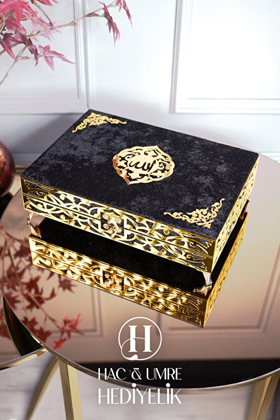 Hediyelik Kuranı Kerim | İslami Hediye | Lüks Ahşap Kutu, Kadife Kuran, Şal ve İnci Tesbih Seti