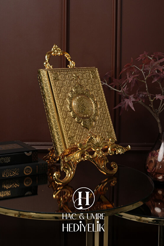 Kuran Standı ve Kuranı Kerim | Lüks Dekoratif Kuran Kabı ve Kuran Seti | Gold Kuran Muhafazası Seti