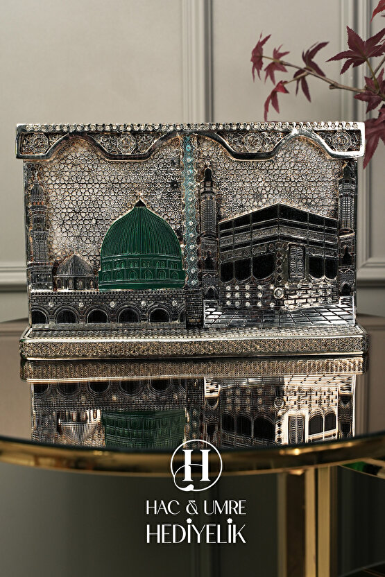 Hac Umre Hediyesi | İslami Dekor | Kabe ve Mescidi Nebevi Gümüş Dekor | İkili Mekke Medine Biblosu