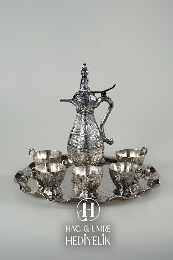 Zemzem Takımı | Zemzem Seti | El Yapımı Gümüş Zemzem Sunum Seti | Tepsi, İbrik ve Bardak Set