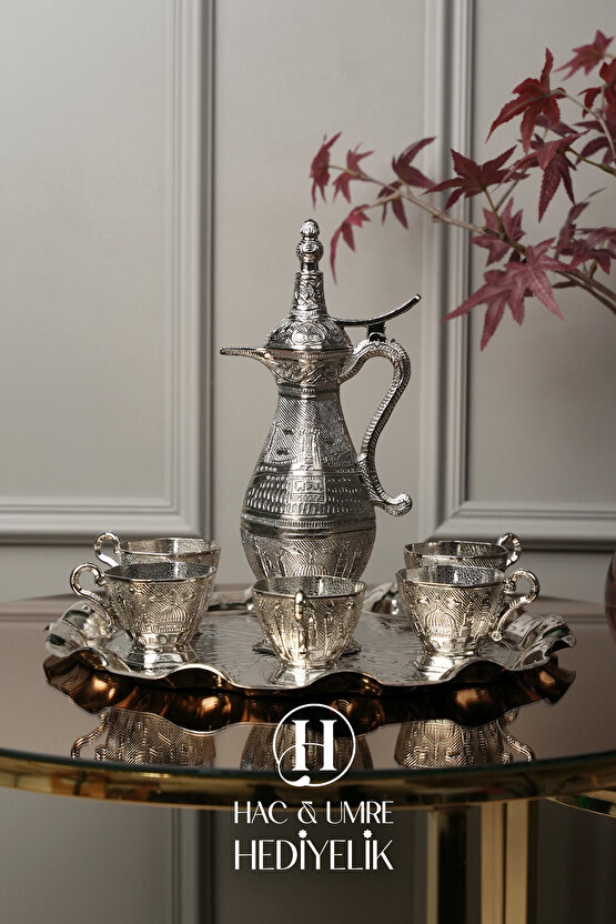 Zemzem Takımı | Zemzem Seti | El Yapımı Gümüş Zemzem Sunum Seti | Tepsi, İbrik ve Bardak Set