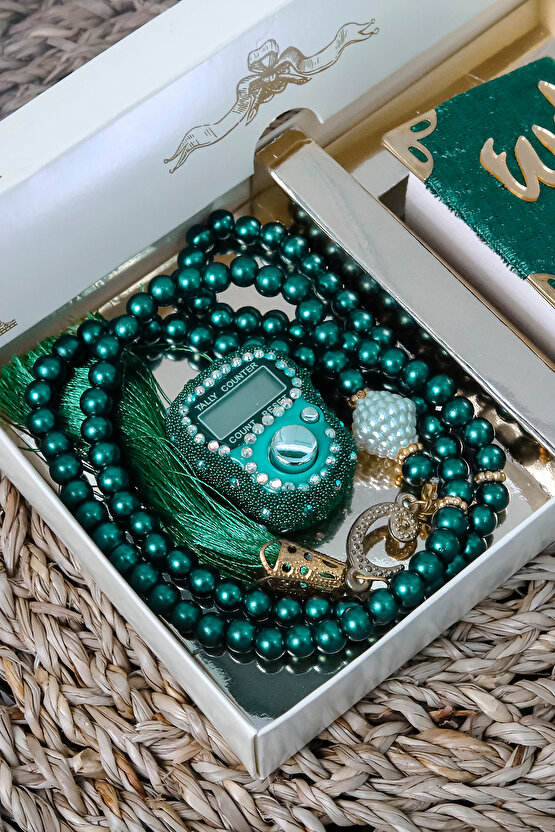 10 Adet - Taşlı Zikirmatik Tesbihmatik Kadife Kaplı Mini Kuran 99lu İnci Tesbih Seti