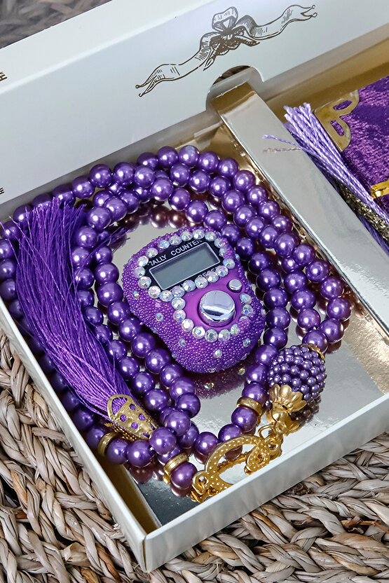 10 Adet Taşlı Zikirmatik Tesbihmatik Kadife Kaplı Mini Kuran 99lu İnci Tesbih Seti