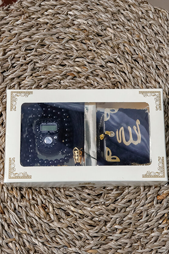 10 Adet - Taşlı Zikirmatik Tesbihmatik Kadife Kaplı Mini Kuran 99lu İnci Tesbih Seti