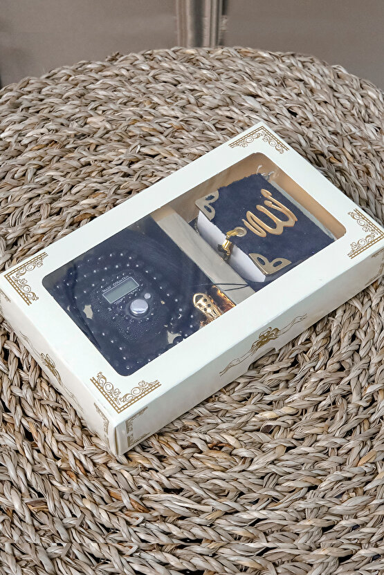 10 Adet - Taşlı Zikirmatik Tesbihmatik Kadife Kaplı Mini Kuran 99lu İnci Tesbih Seti