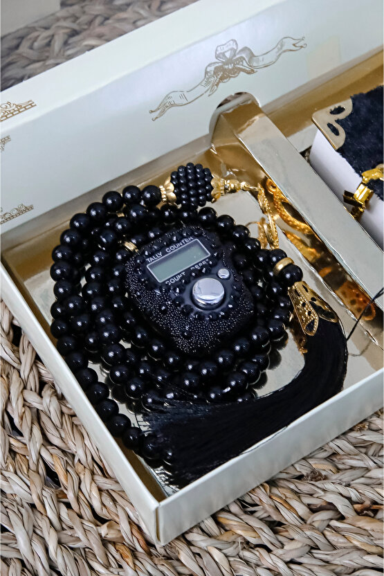 10 Adet - Taşlı Zikirmatik Tesbihmatik Kadife Kaplı Mini Kuran 99lu İnci Tesbih Seti