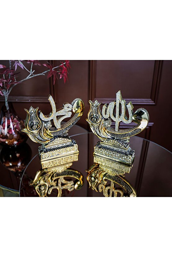 Gold Dekorasyon Lüks Hediyelik Aksesuar Biblo Dini Islami Dekoratif Obje Vav Allah Muhammed Süs