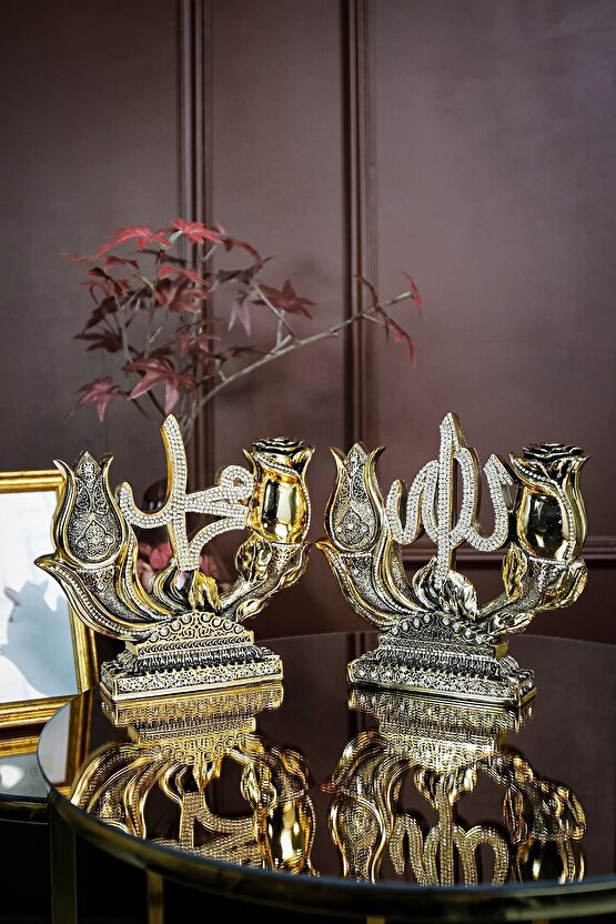 İkili Biblo Gül Lale Allah Muhammed Dini Islami Biblo Aksesuar Hediyelik Dekoratif Obje Süs