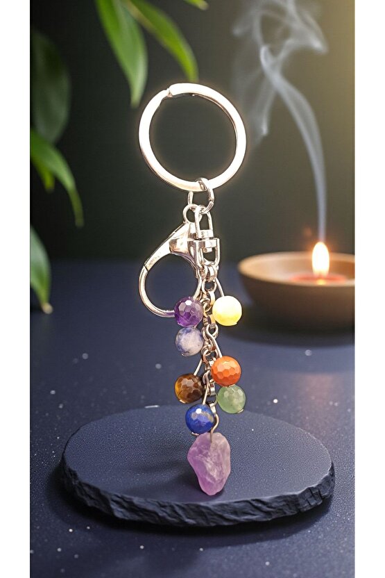 Doğal Taş Çakra Anahtarlik Faset Kesim 8mm Taş Celik Zincir