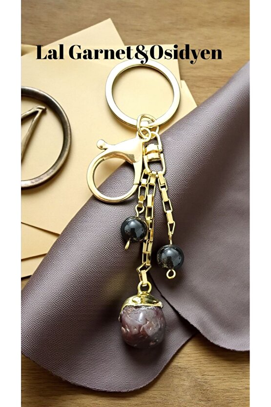 Doğal Taş Lal Garnet Obsidyen Anahtarlık Koruma ve Liderlik Enerjisi Çelik ve Altin Kaplama