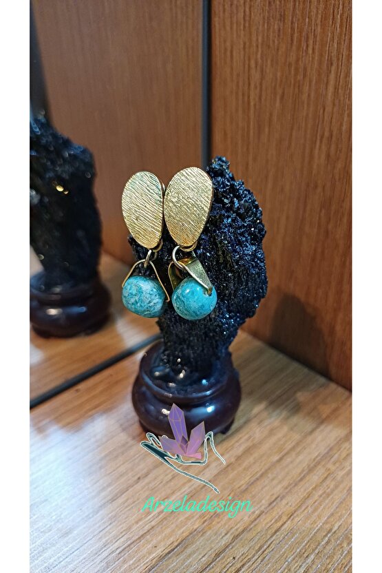 Doğal Taş Larimar Küpe Altın Kaplama Huzur ve Dişil Güç