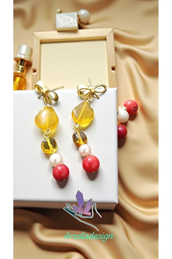 Doğal Tas Kehribar İnci Mercan Altın Kaplama Küpe