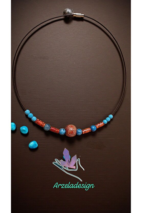 Dogal Taş Apatit Turkuaz Kristali Otantik Desenli Ahşap Boncuk Çelik Kolye