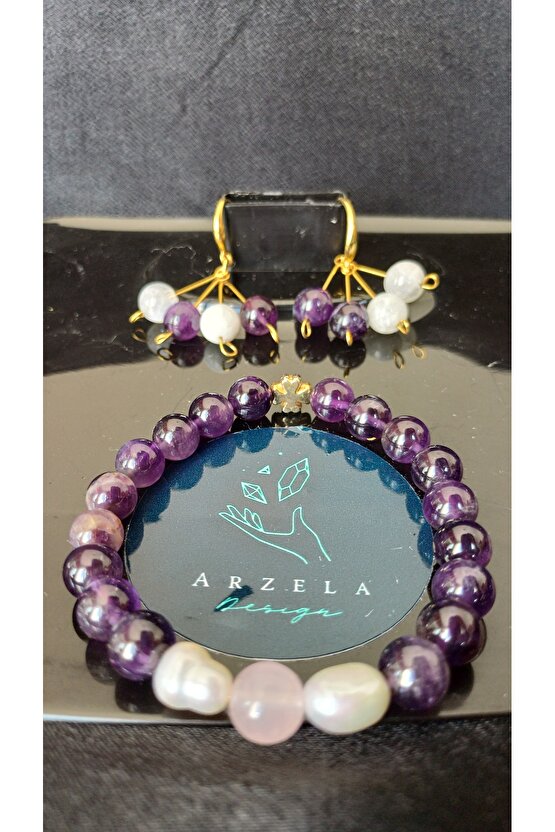 Doğal Taş Ametist Bileklik Ay Taşı ve Ametist Kupe Set