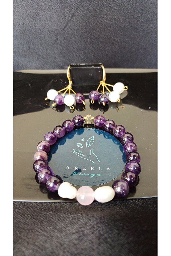 Doğal Taş Ametist Bileklik Ay Taşı ve Ametist Kupe Set