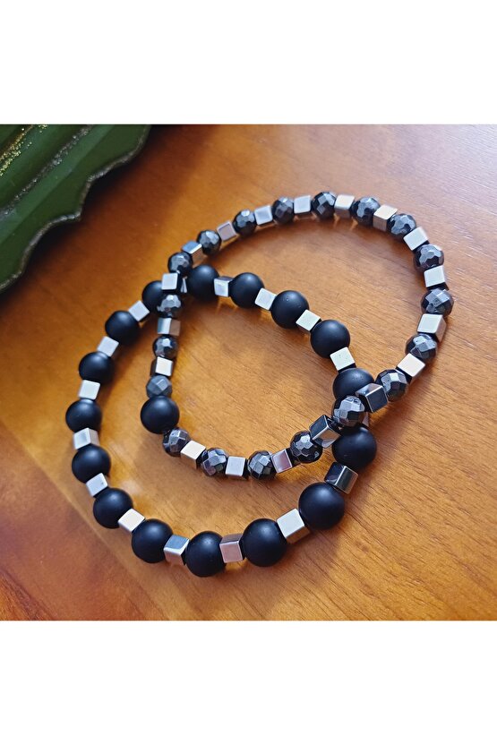 Doğal Taş Hematitli Boncuk Bileklik Unisex Kadın Erkek