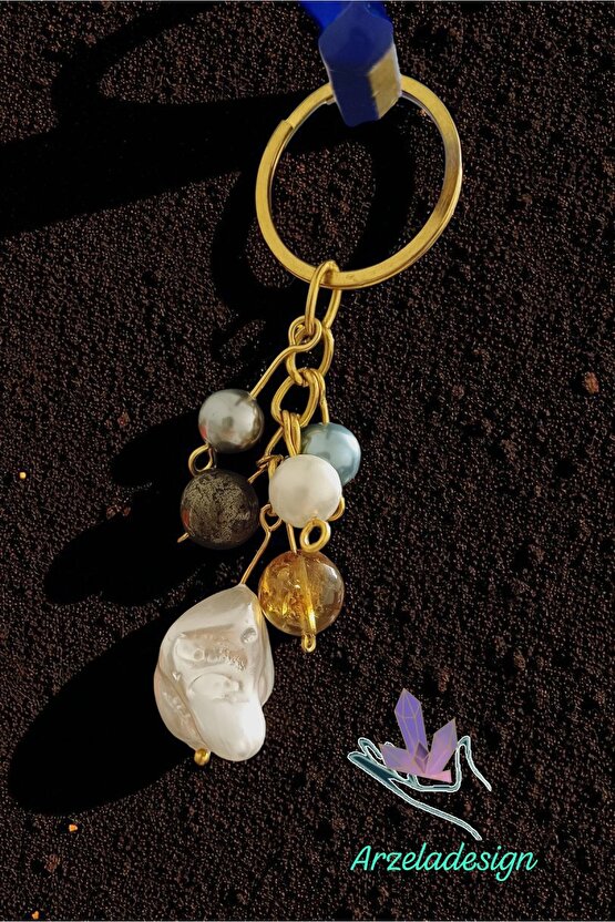 Doğal Taş Anahtarlık Barok İnci Sitrin  Pirit Bolluk ve Berekt  Anahtarligi