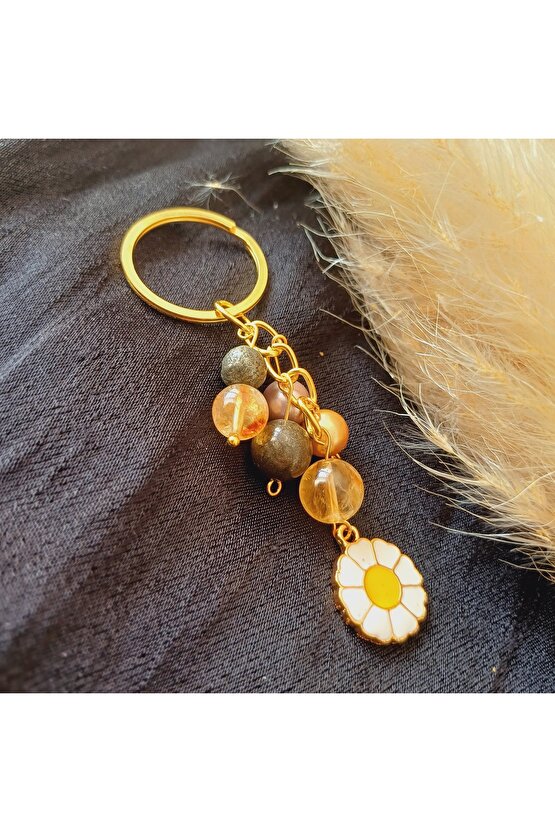 Doğal Taş Anahtarlik Bolluk Berekt ve Koruma Anahtarlığı Sitrin Pirit ve İnci