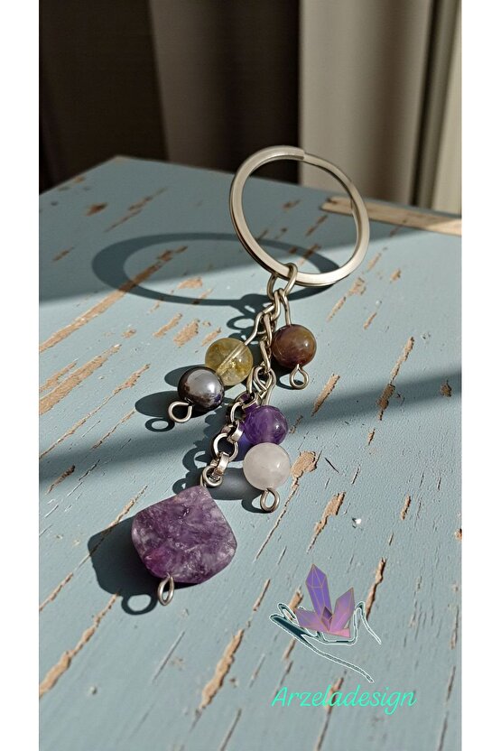 Doğal Taş Anahtarlık, Bolluk Bereket Anahtarlığı,lepidolit Ametist ,pembe Kuvars,kristal Kuvars