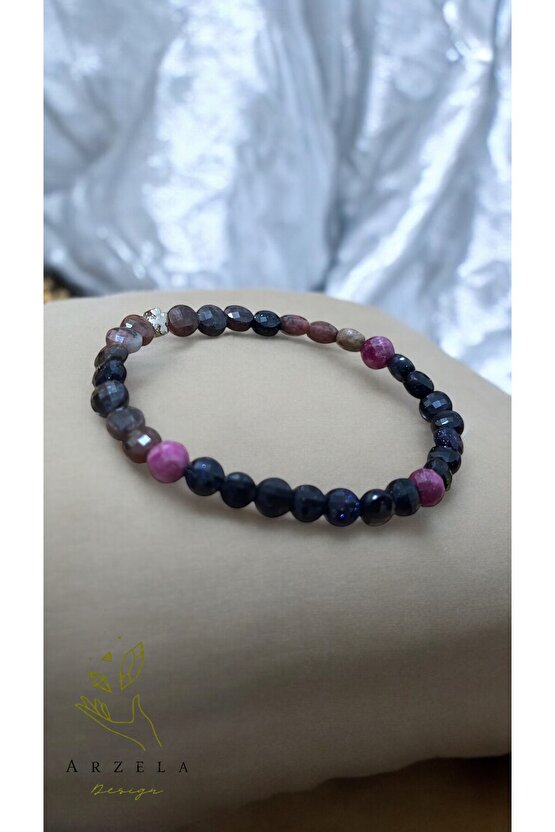 Doğal Taş RODONİT YILDIZ TAŞI VE YAKUT BİLEKLİK 4mm Yakut 6mm