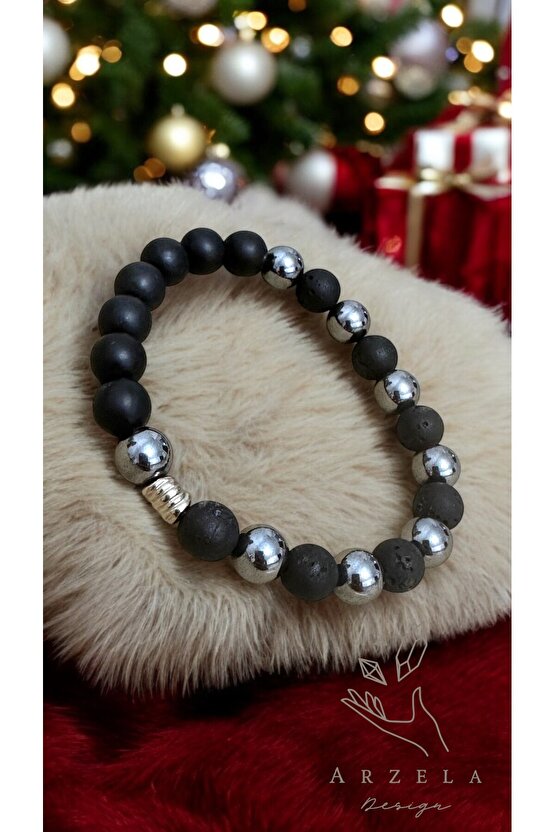 Doğal Taş Süngit Lav Tası Ve Terahertız Erkek Kadın Bileklik 8mm