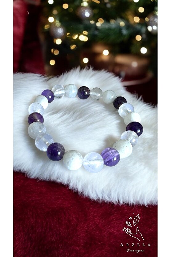 Doğal Taş AMETİST HAVLİT VE KRİSTAL KUVARS BİLEKLİK (ZİHNİN SAKİNLİĞİ) 8MM AAA KALITE