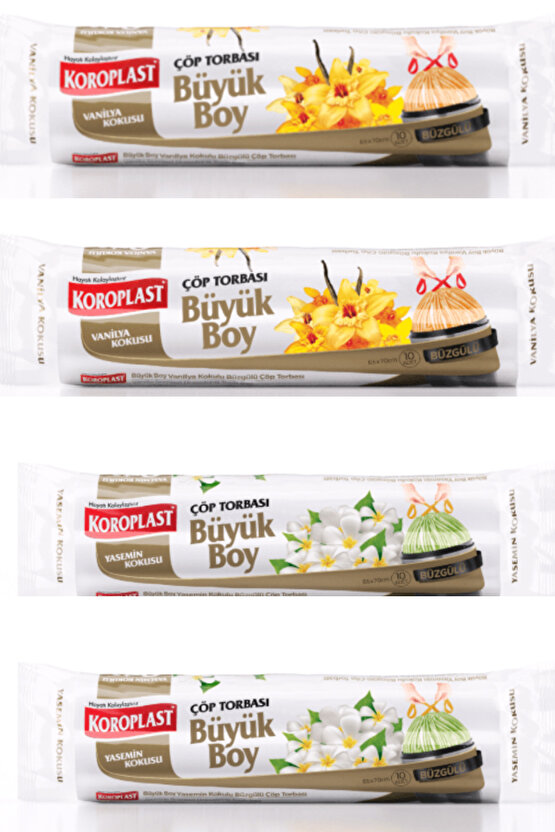 Büyük Boy Büzgülü Kokulu Çöp Poşeti 10Lu 65x70 cm X 4 (Yasemin x2, Vanilya x2)