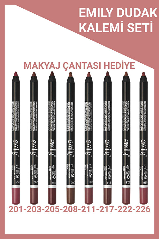 Emily Dudak Kalemi 8li Set No: 201-203-205-208-211-217-222-226 + Makyaj Çantası Hediye