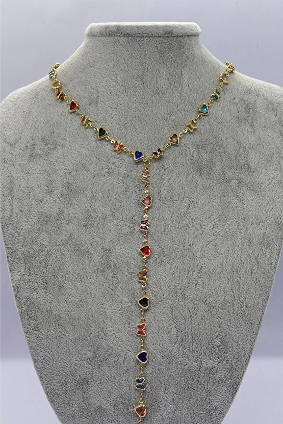 Kalpli & Kelebekli Altın Renkli Y Kolye