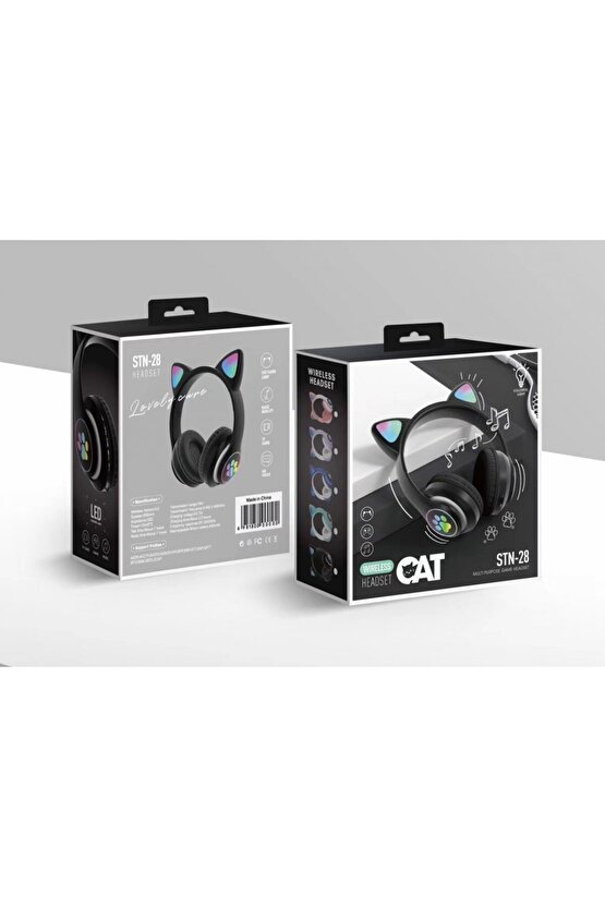 Siyah Stn28 Kablosuz Bluetooth 5.0 Led Işıklı Kedili Şık Kulaklık Hediye Fm