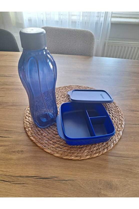 Bölmeli Beslenme Kutusu 550ml ve 1 lt eco şişe Gece Mavisi