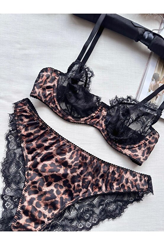 Leopar Saten Dantel Detaylı İç Çamaşır Takımı