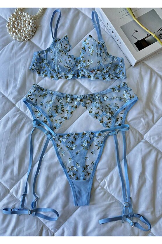 3lü Çiçek İşlemeli Dantel Tül Jartiyer Takımı