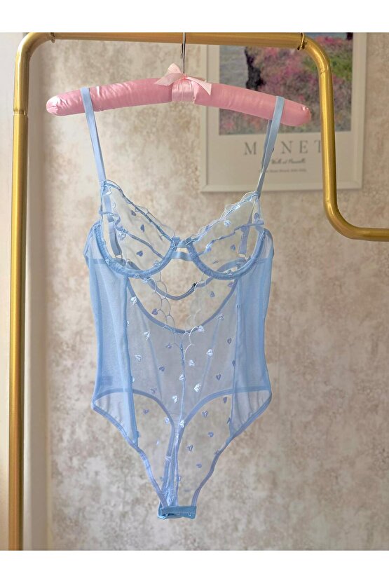 Kalp işlemeli Tül Bodysuit