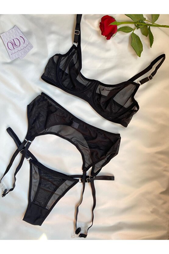 Tül Siyah Jartiyer Takımı 3lü Set