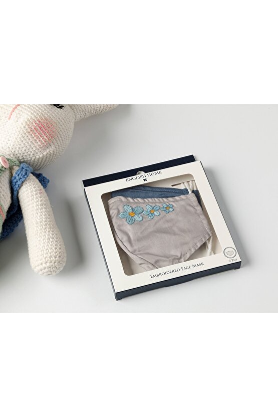 Elegant Flower Pamuk Nakış Detaylı Maske 17x8 Cm Gri - İndigo