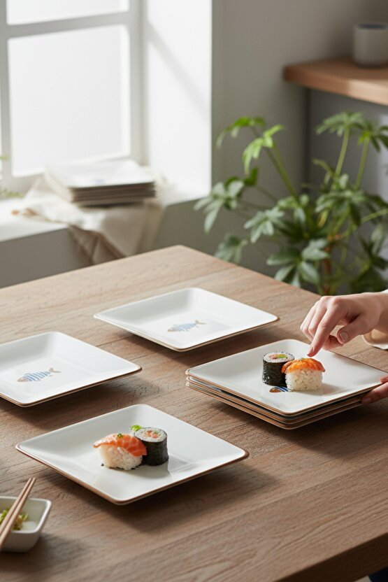 Balık Desenli Kare Siera 20cm Pasta Tabağı 6 Adet