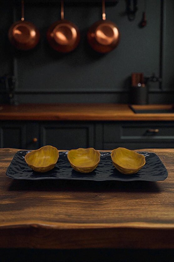 Wood Glam 41cm Porselen Kayık Sunum Tabağı  Porselen Sosluk Kase 9cm